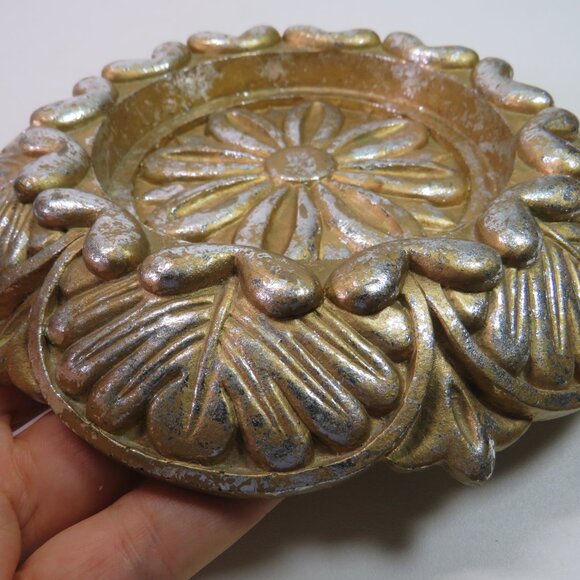 Vintage Medallion Art Deco Victorian Design Gold w Silver Leaf flat back HEAVY - Picture 4 of 12